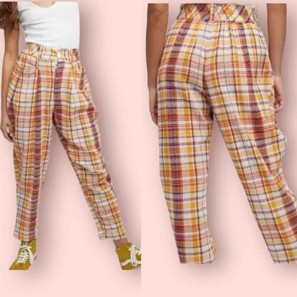Free People Make a Stand Trouser Pant Mustard Plaid Combo Sz S